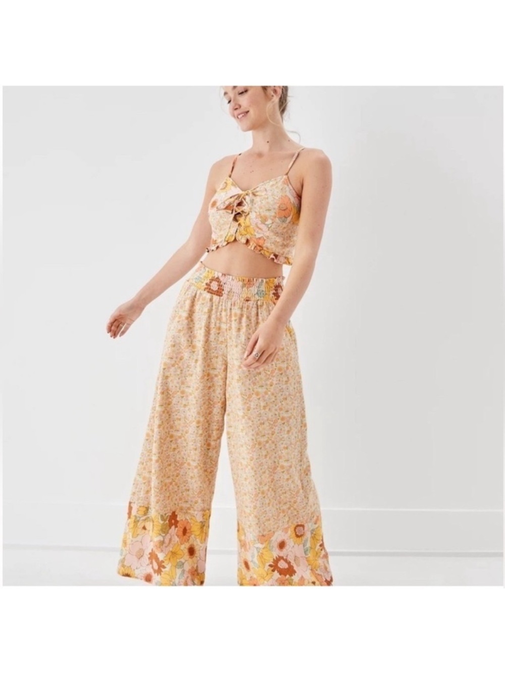 American Eagle Outfitters Yellow Floral Wide-Leg Palazzo Pants - Picture 1 of 5